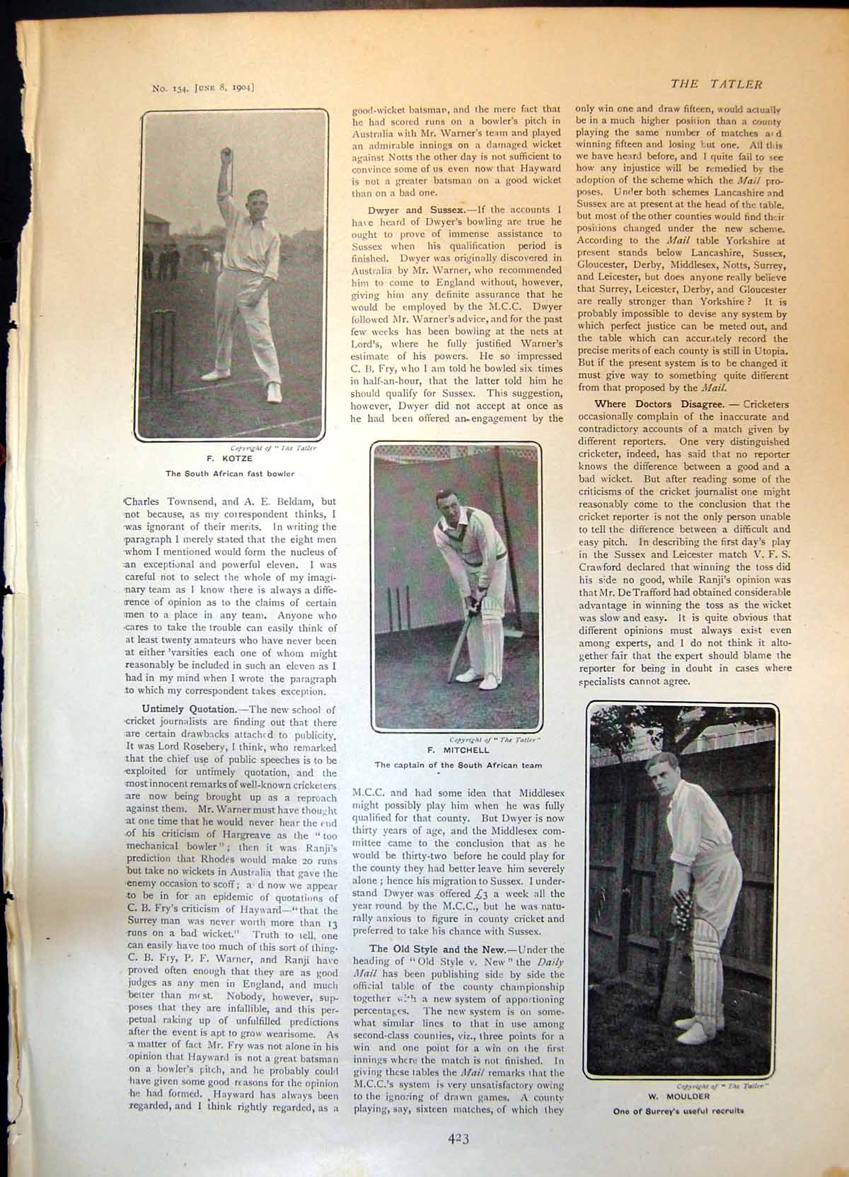 Old Cricket F Kotze F Mitchell W Moulder Cups Military Tournamen T190 20th