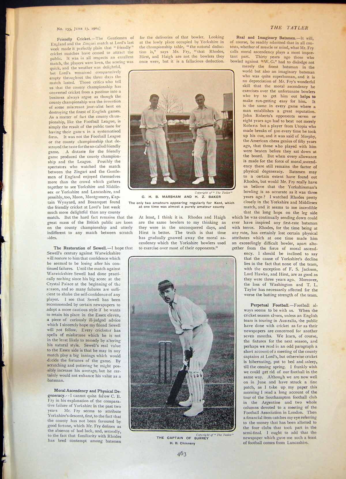 Old Cricket H Chinnery Capt Surrey C Marsham H Baker Amateurs Kent 19 20th