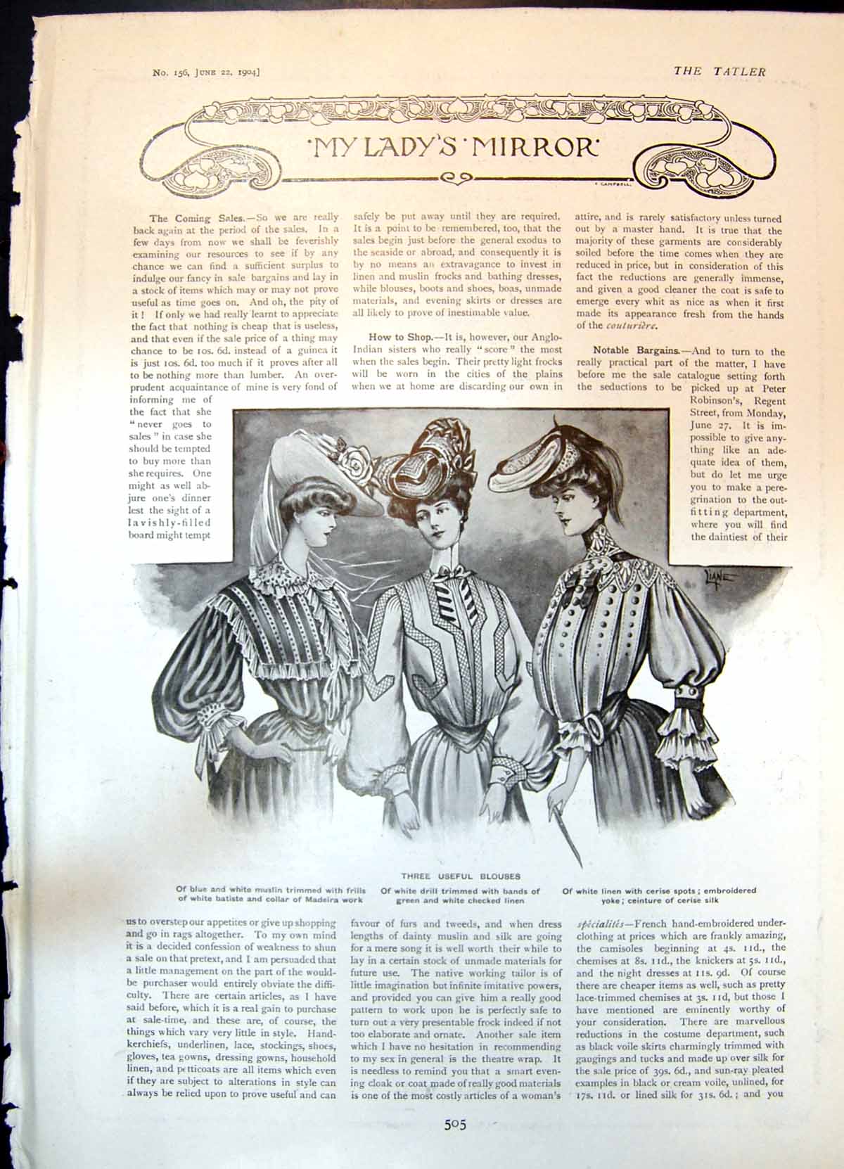 Antique Old Print Three Useful Blouses Muslin Linen Drill Coat De Luxe 1904
