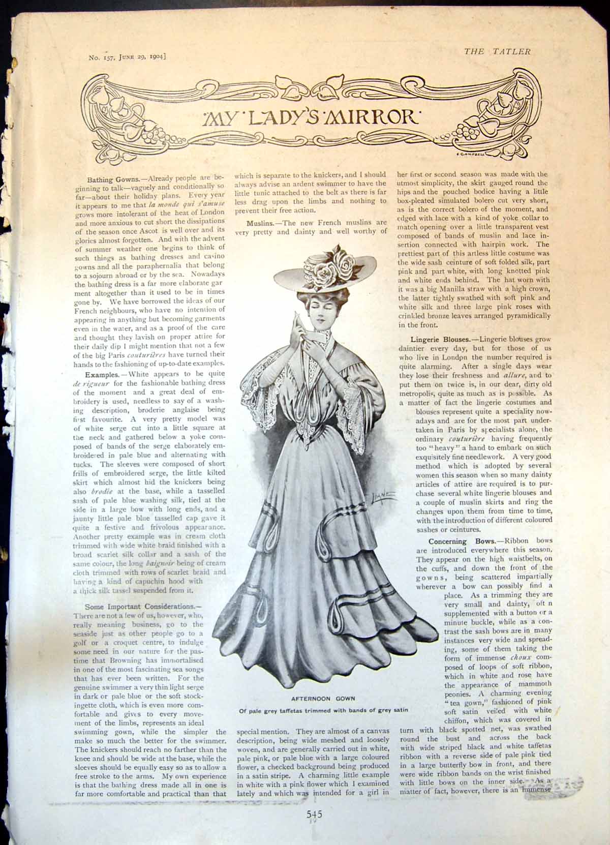 Antique Old Print Afternoon Gown Grey Taffetas Satin Pretty Summer Gown 1904
