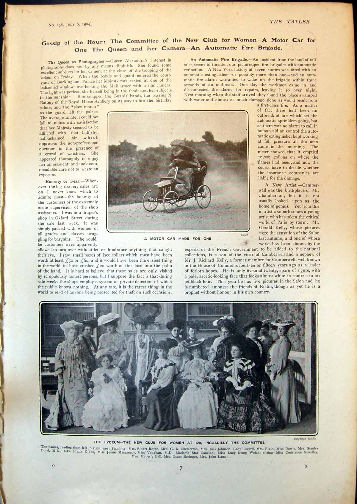 Antique Print Motor Car One Lyceum Committee New Club Women Piccadilly 1904