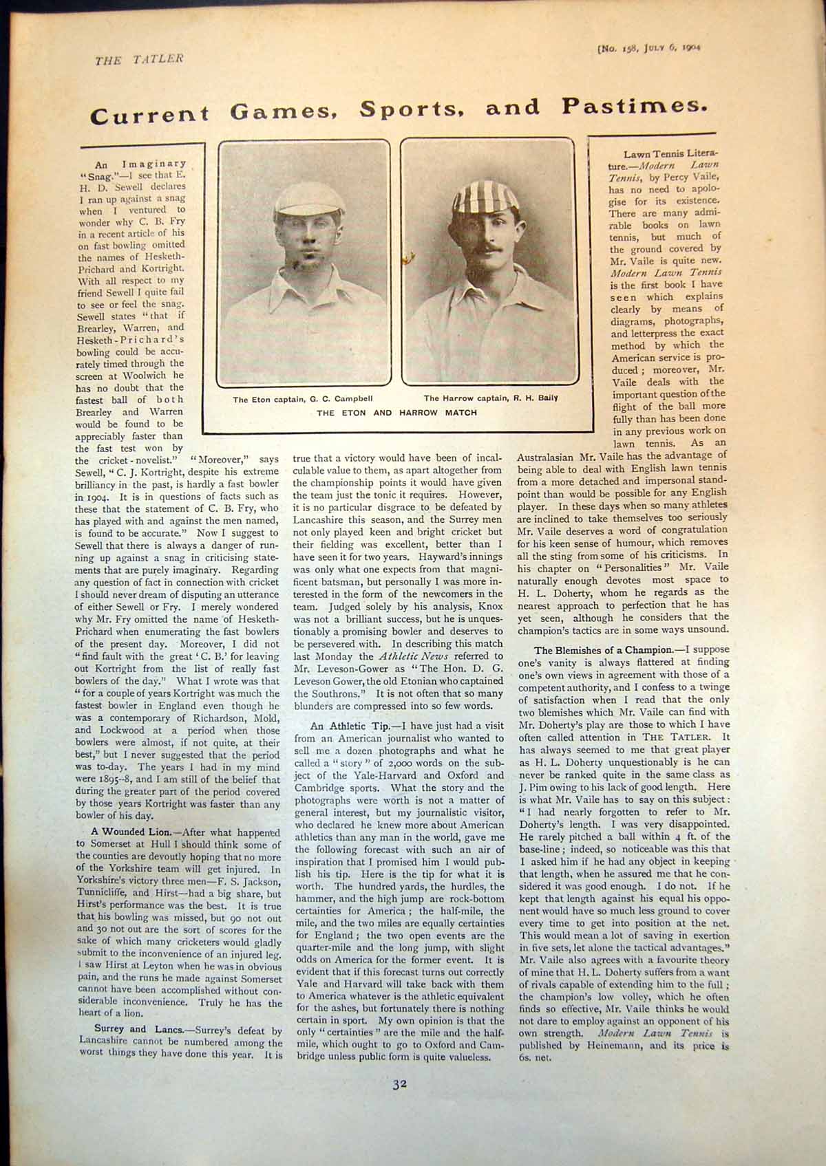 Old Eton Harrow Cricket Match Eton Capt G Campbell Harrow R Baily1904 20th