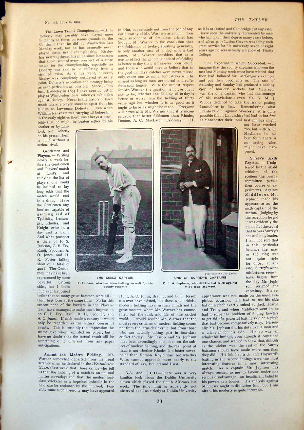 Antique Old Print Cricket Essex Captain F Fane Surrey Captain D Jephson 1904