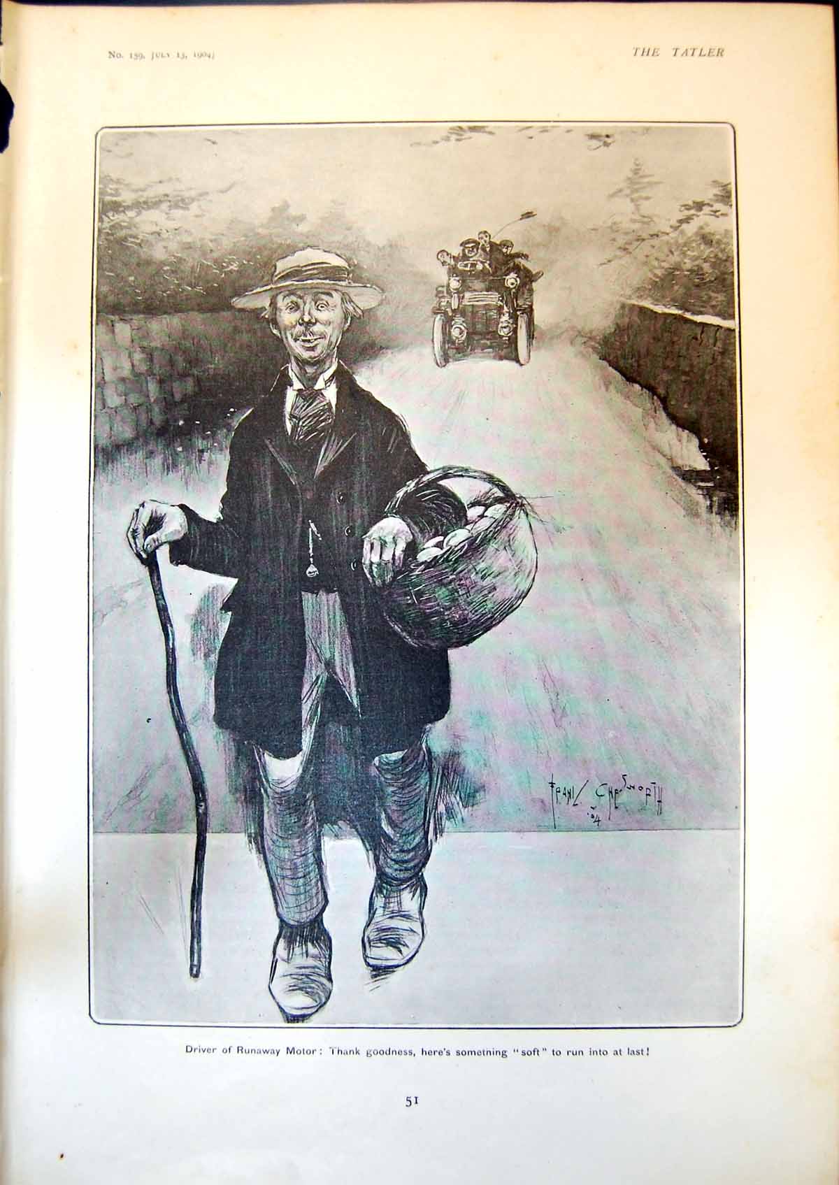 Old Print Humour Driver Runaway Car Soft Landing Man Carrying Basket 1904 20th