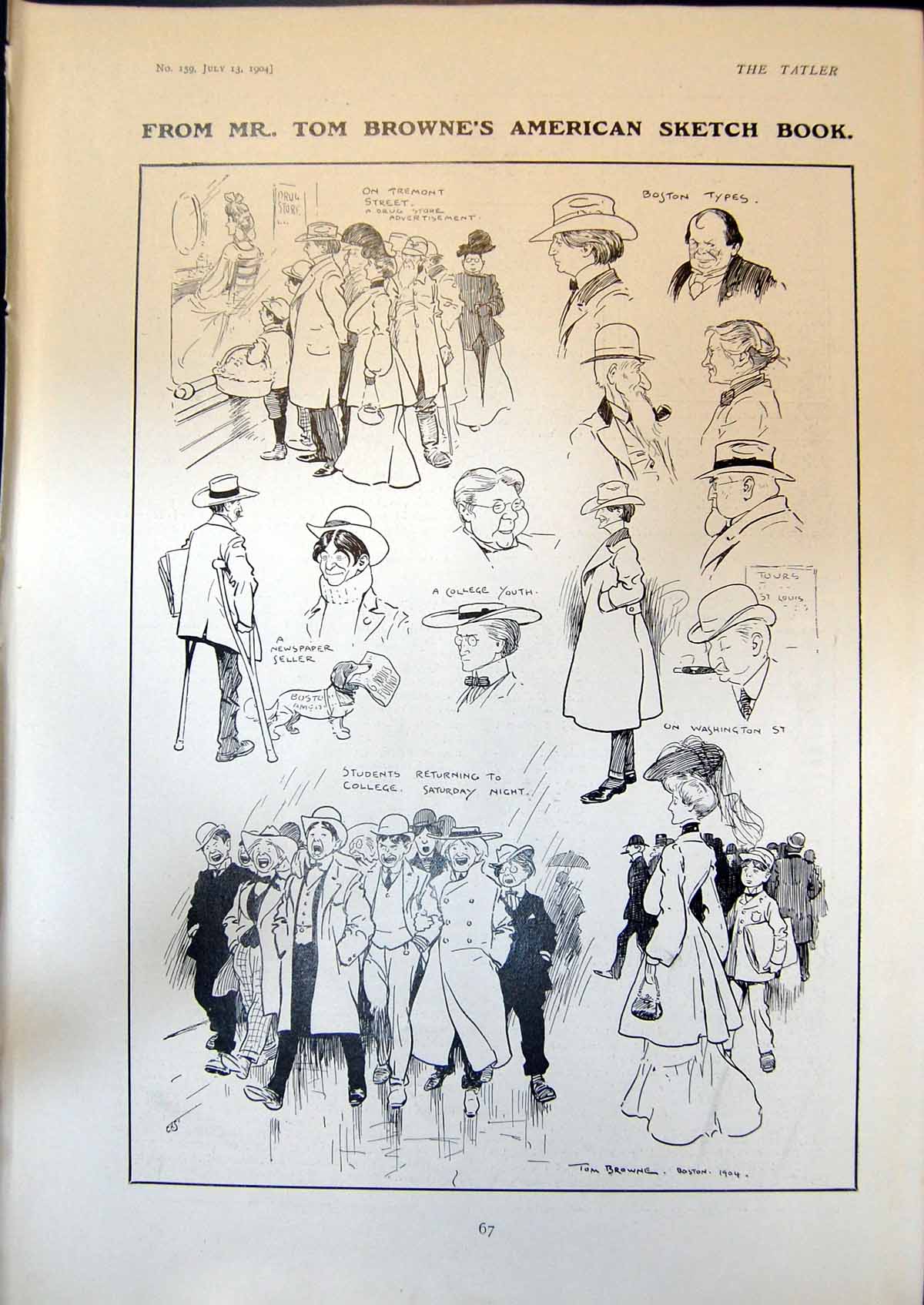 Antique Old Print Tom Brownes American Sketch Book Students Boston Types 1904