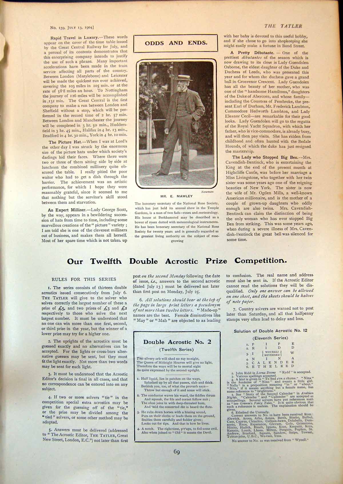 Original Old Antique Print Mr E Mawley Hon Secretary National Rose Society 1904