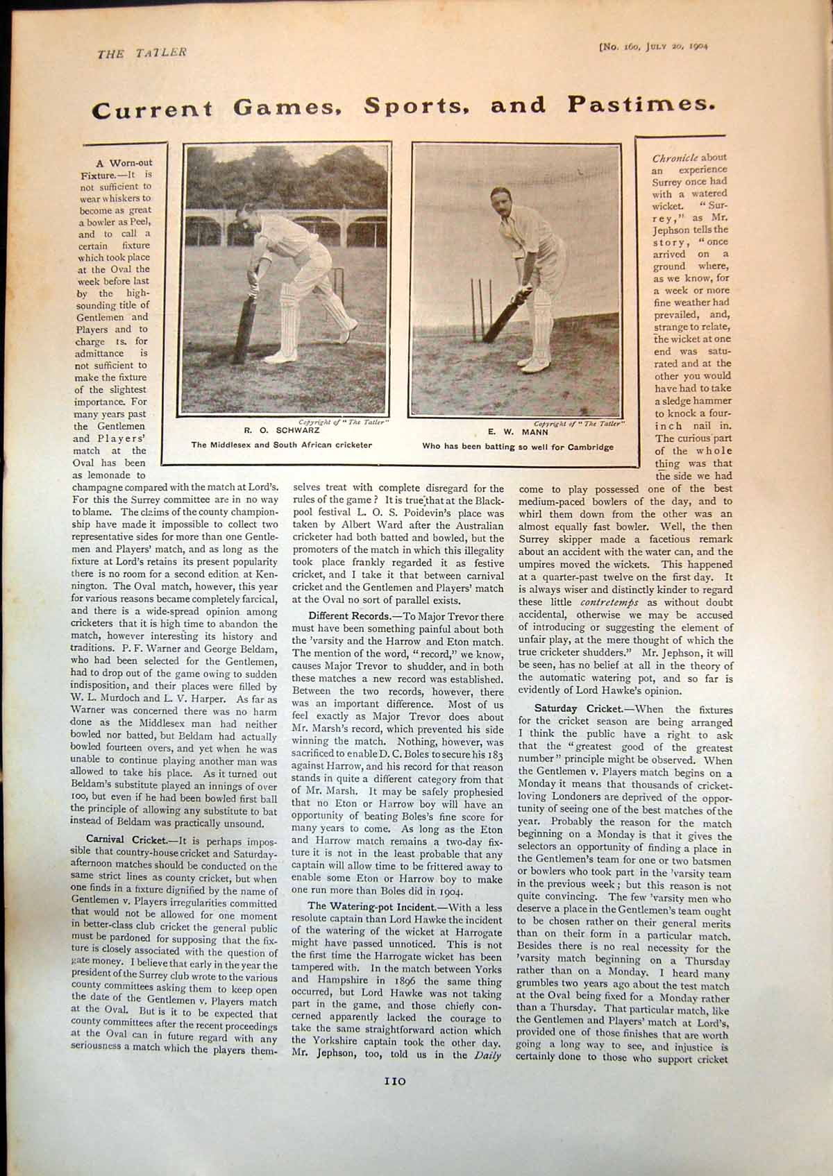 Old Print Cricket R Schwarz Middlesex South Africa E Mann Cambridge 1904 20th