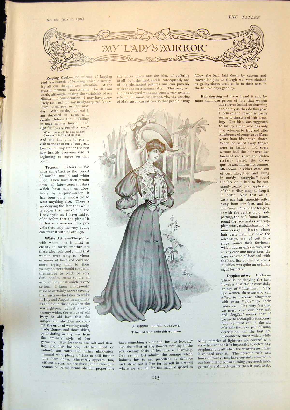Antique Old Print Useful Serge Costume Garden Party Frock Muslin Lace 1904 20th