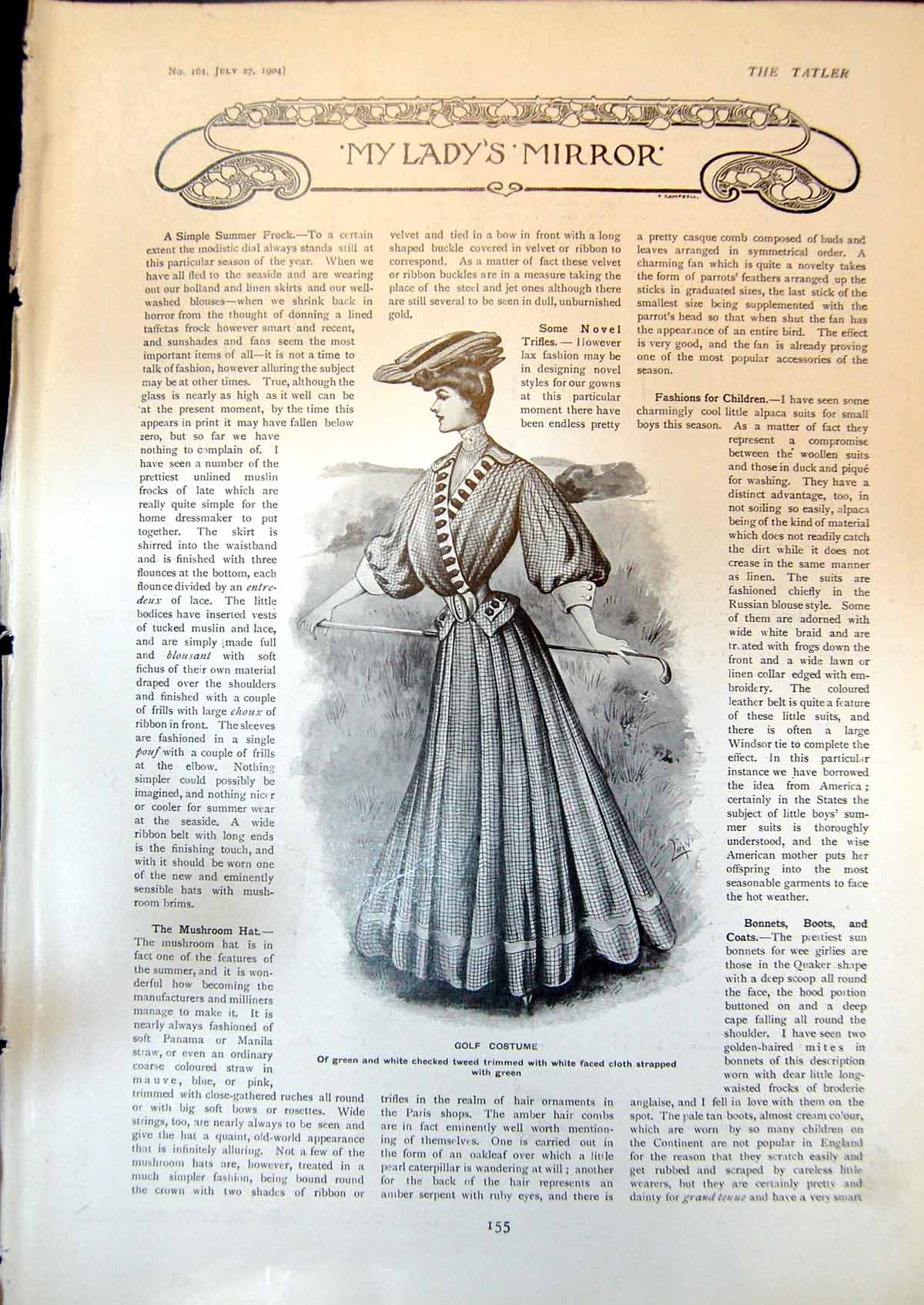 Antique Old Print Golf Costume Checked Tweed Simple Gown White Alpaca 1904 20th