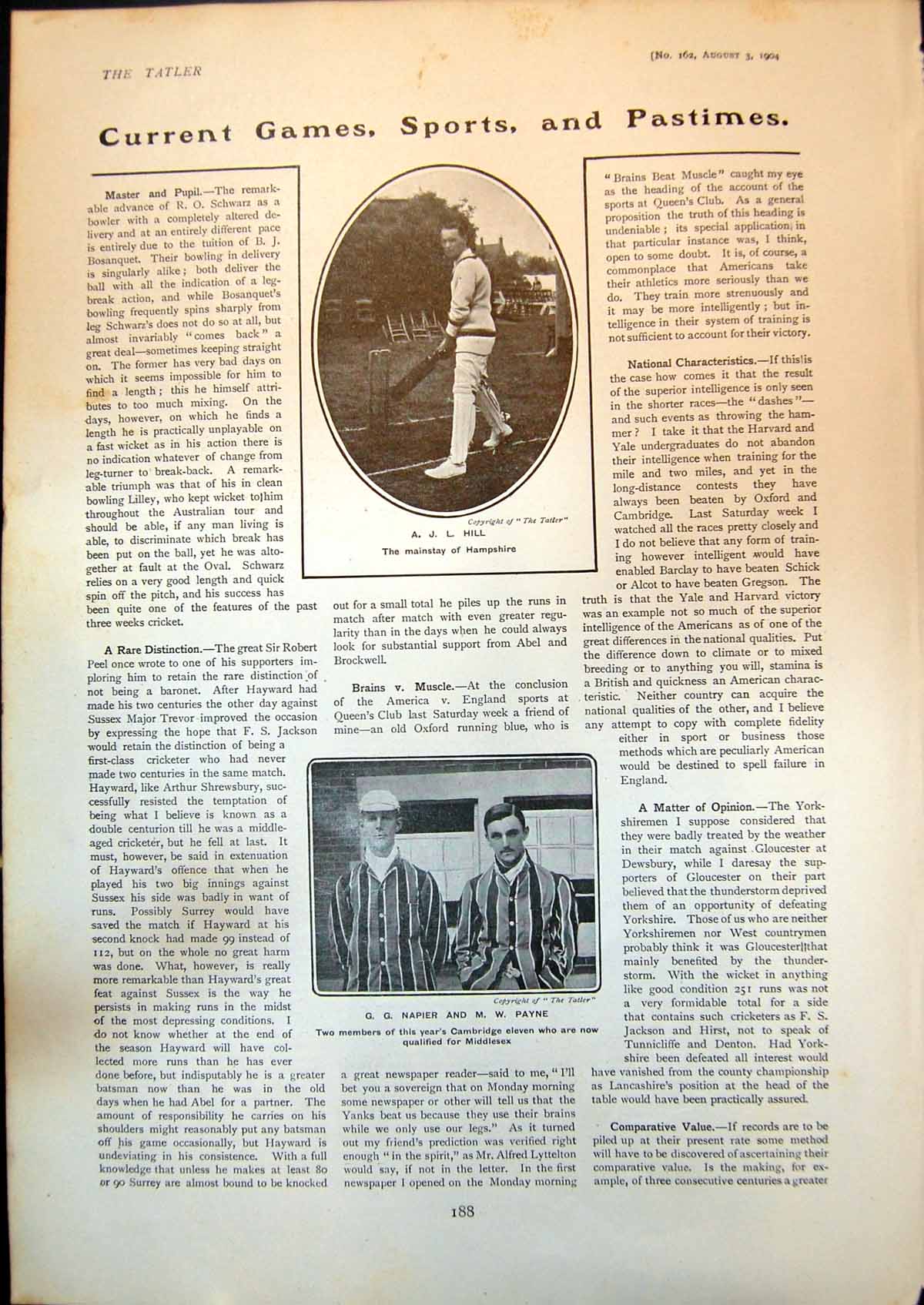 Old Print Cricket A Hill Hampshire G Napier M Payne Cambridge Eleven 1904 20th
