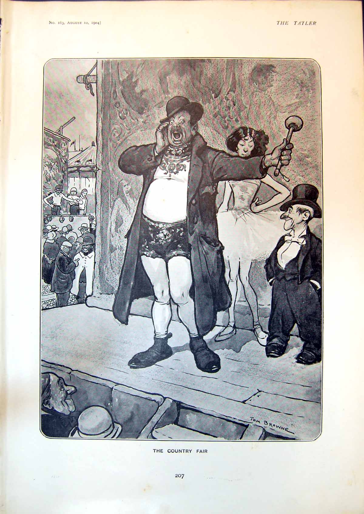 Old Print Humour Tom Browne Country Fair Stage Fairy Man Dressed Up 1904 20th