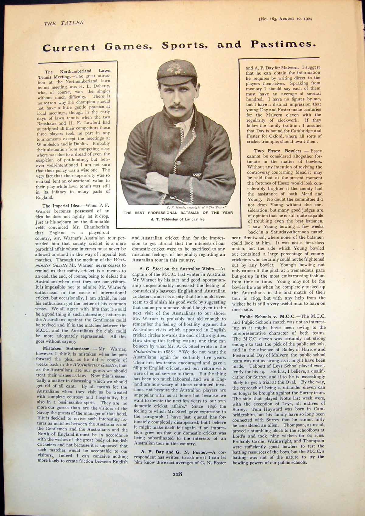 Antique Old Print Best Professional Batsman Year J Tyldesley Lancashire 1904