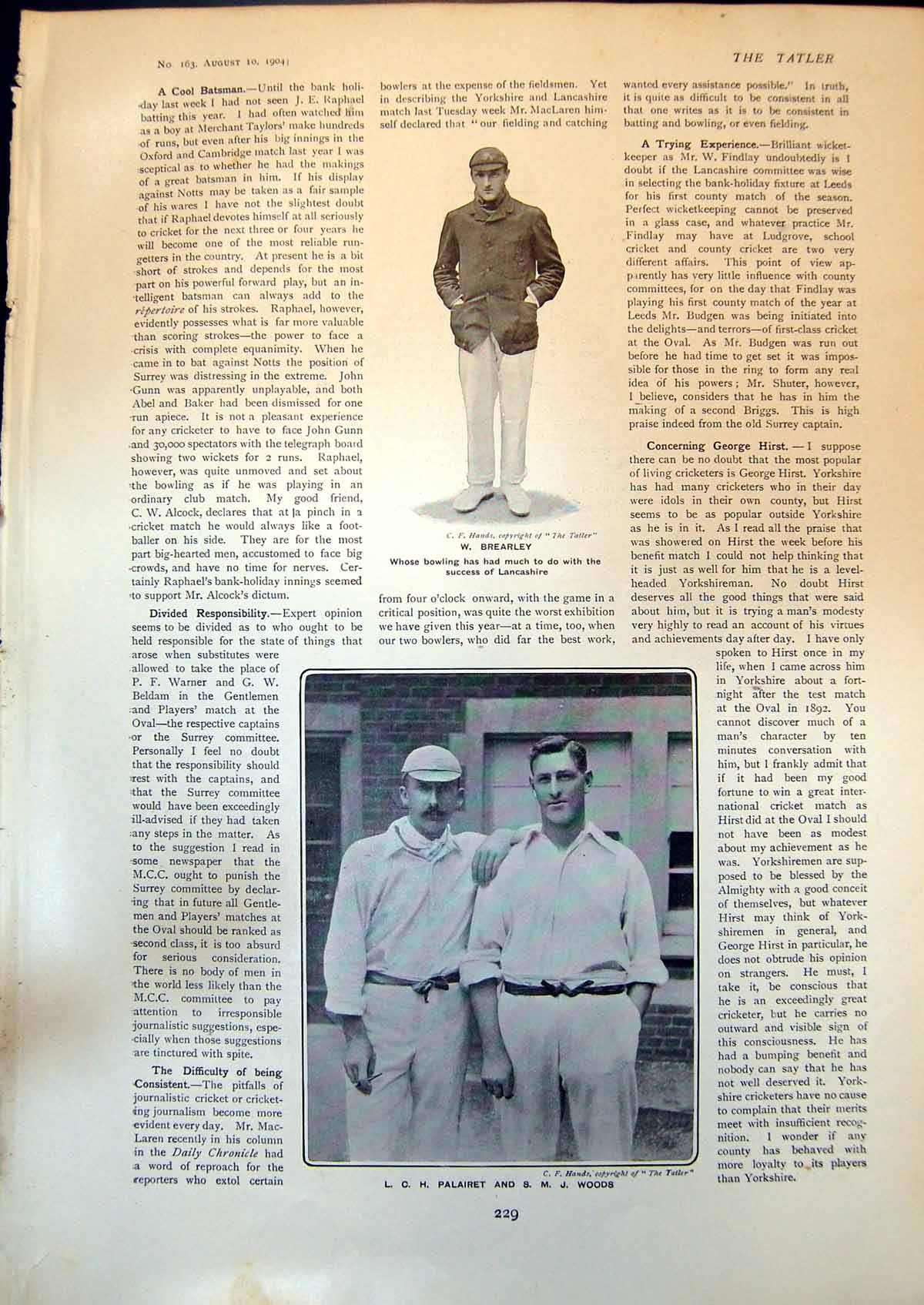 Old W Brearley Bowler Lancashire L Palairet S Woods George Sims 1904 20th