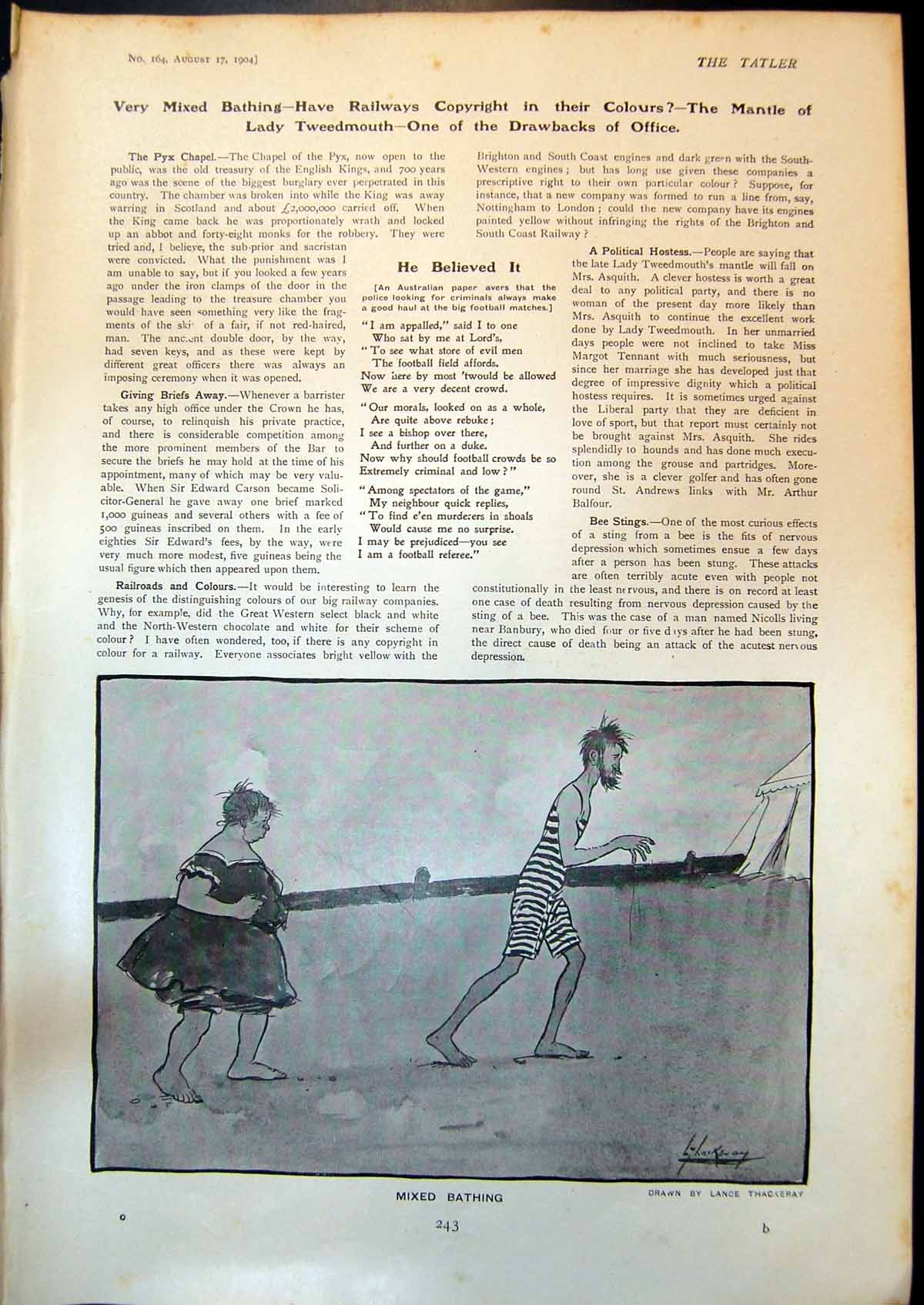 Antique Old Print Mixed Bathing Lance Thackeray Thin Man Beard Fat Lady 1904