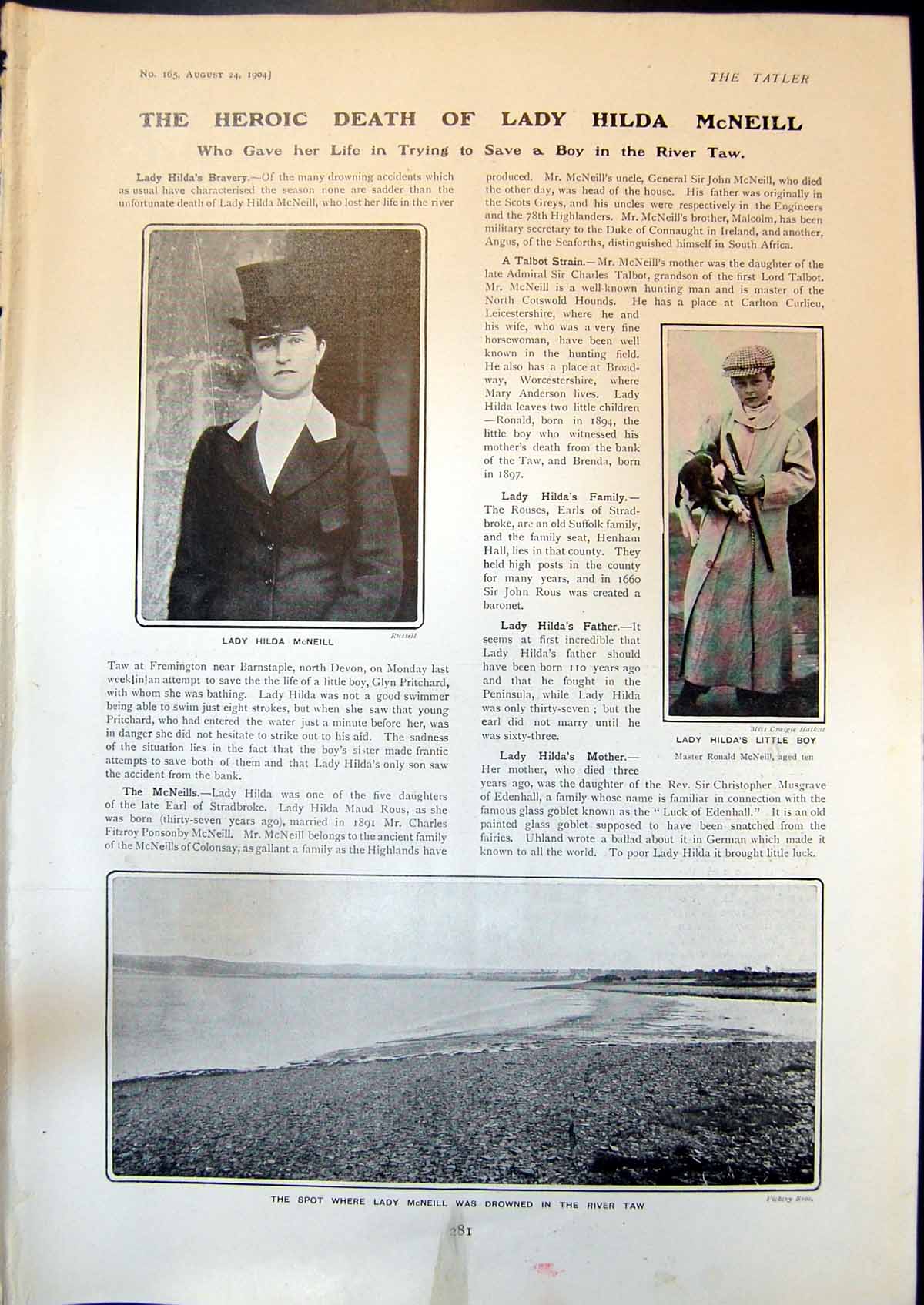 Antique Print Heroic Death Lady Hilda Mcneil Boy River Taw Tatler Mail 1904