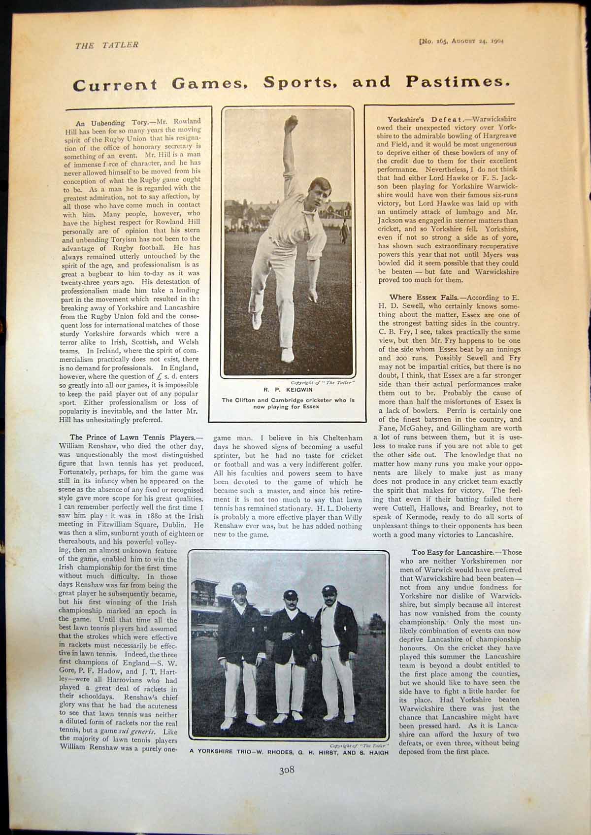 Old R Keigwin Cricketer Essex Yorkshire Trio W Rhodes G Hirst S Haigh
