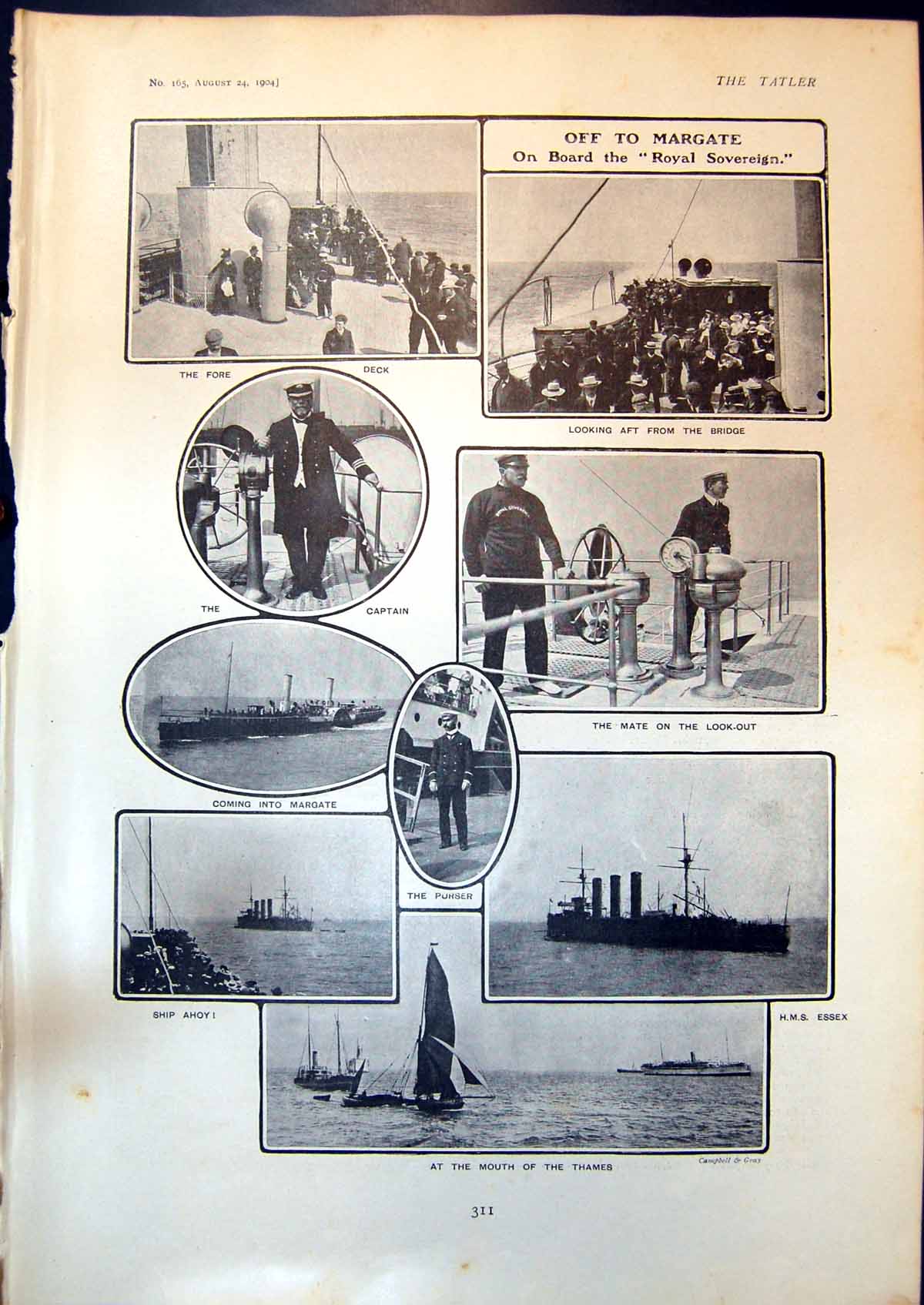 Old Print Off Margate On Board Royal Sovereign Bridge Captain Purser 1904 20th