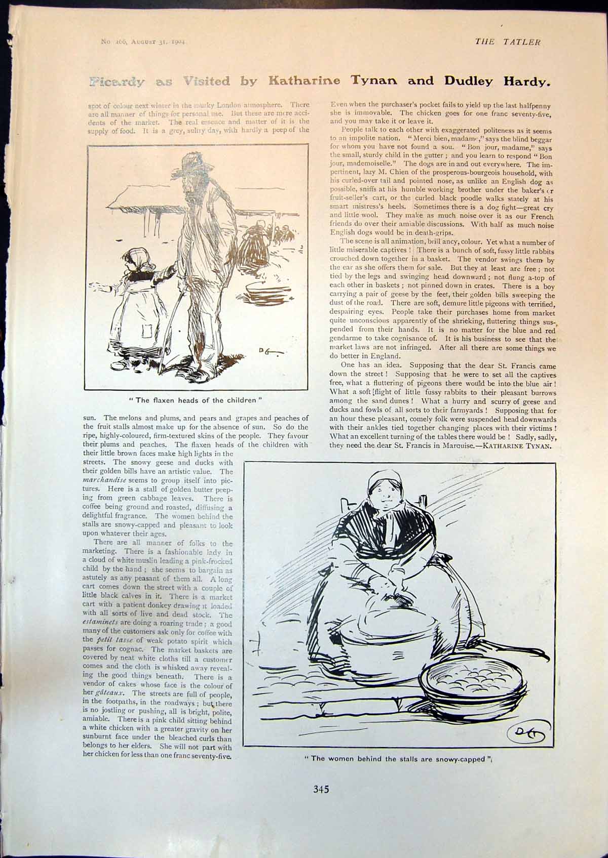 Old Print Picardy K Tynan D Hardy Flaxen Heads Children Women Stalls 1904 20th