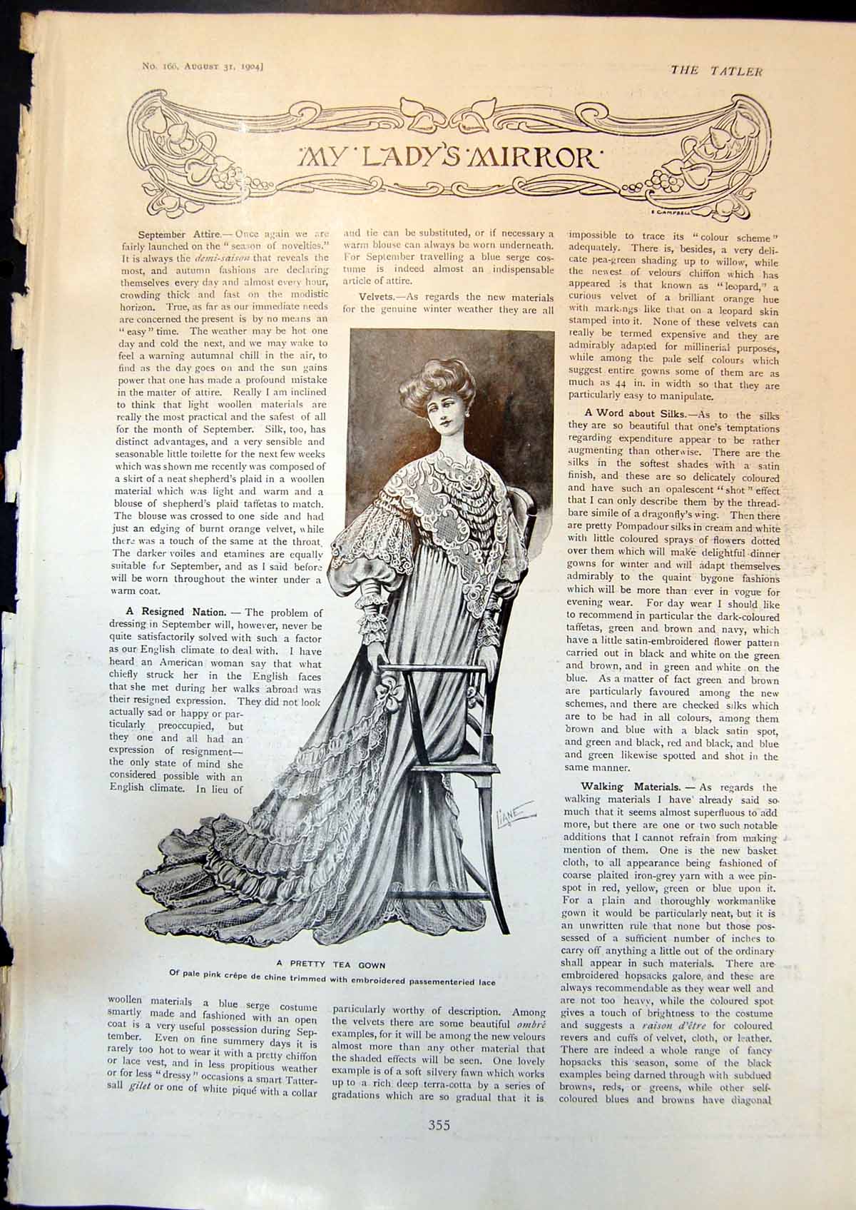 Antique Print Pretty Tea Gown Crepe De Chine Autumn Costume Grey Cloth 1904