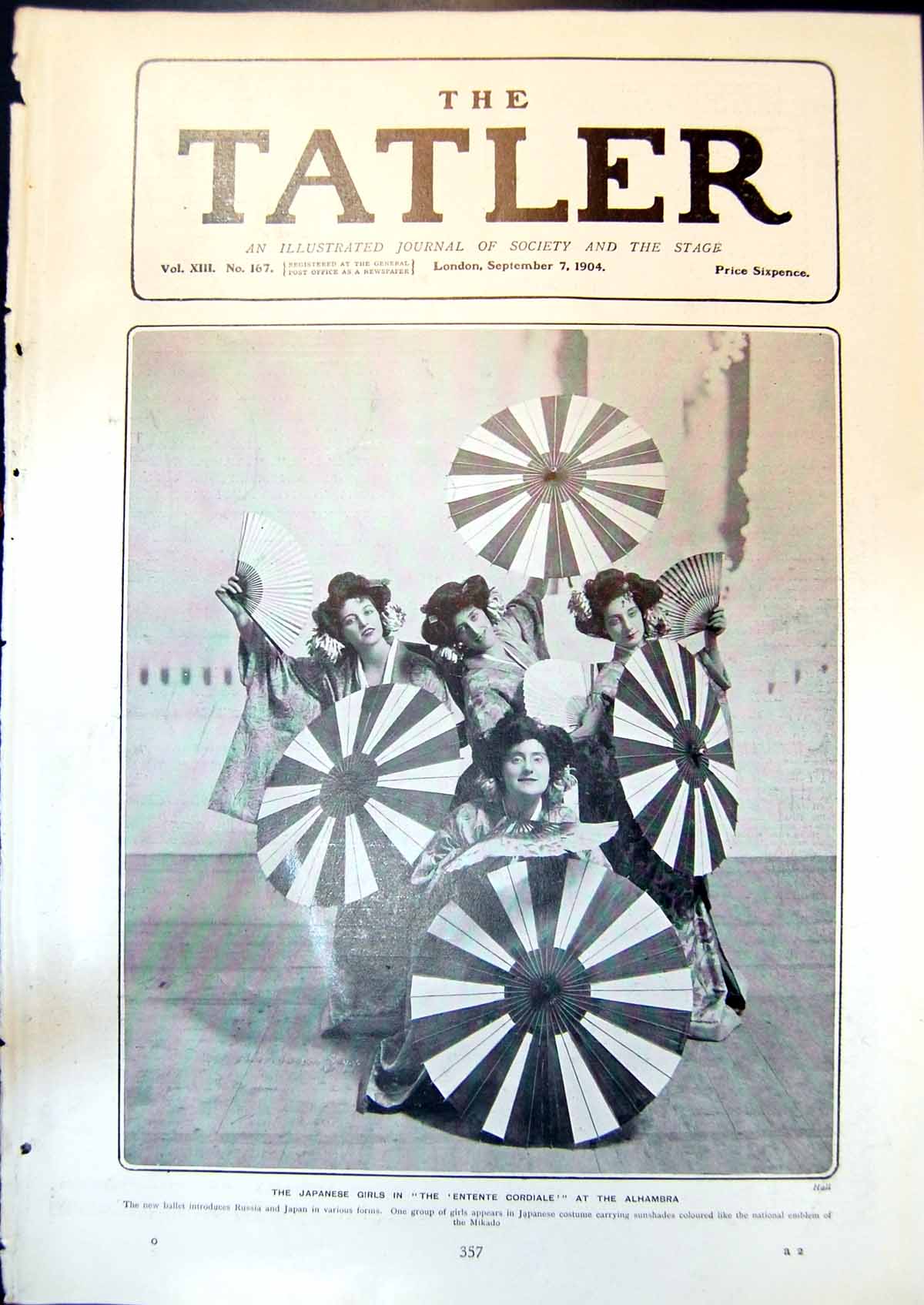 Old Print Japanese Girls Entente Cordiale Alhambra Ballet Sunshades 1904 20th