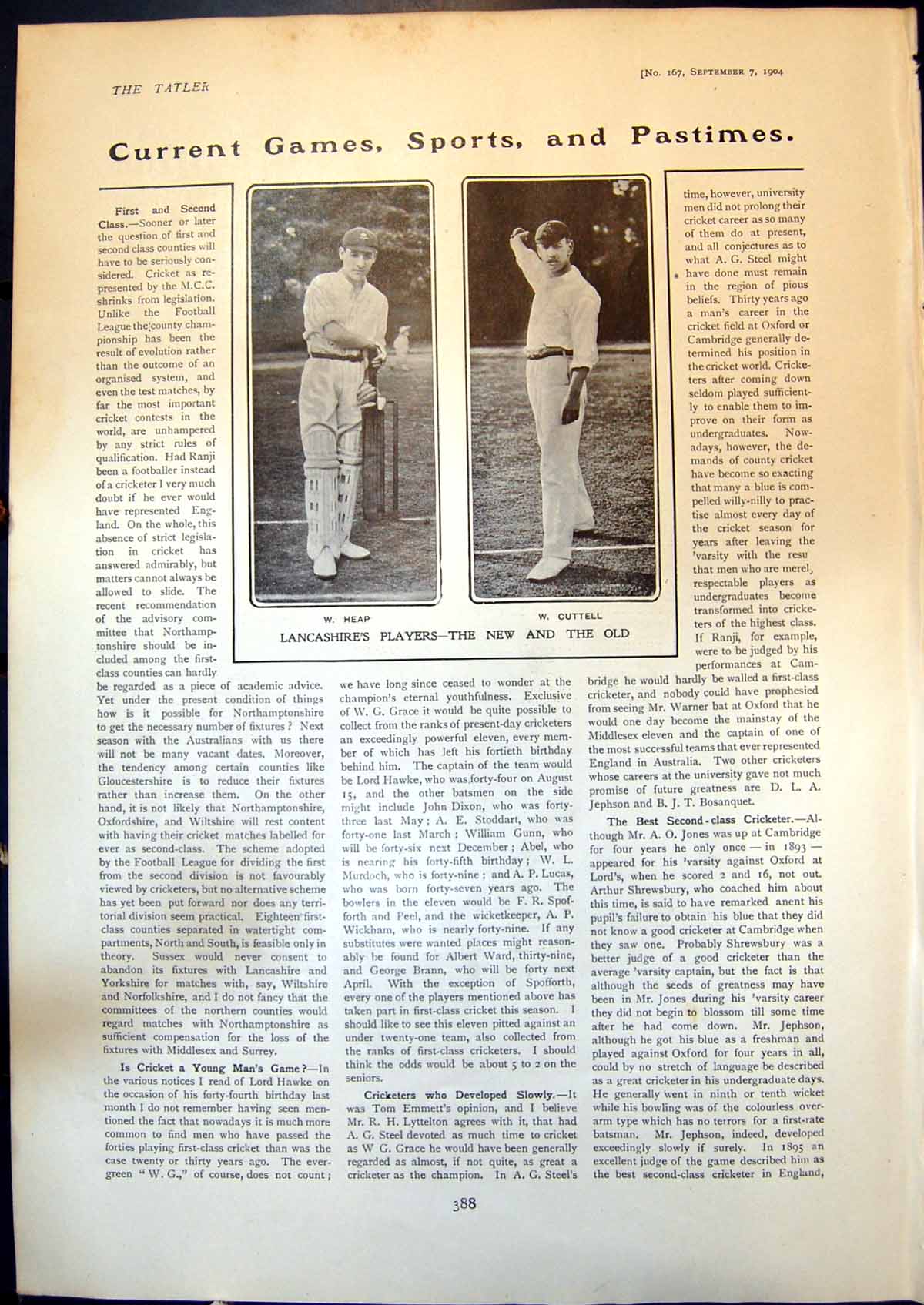 Old Antique Print Lancashires Cricket Players New W Heap W Cuttell 1904 20th