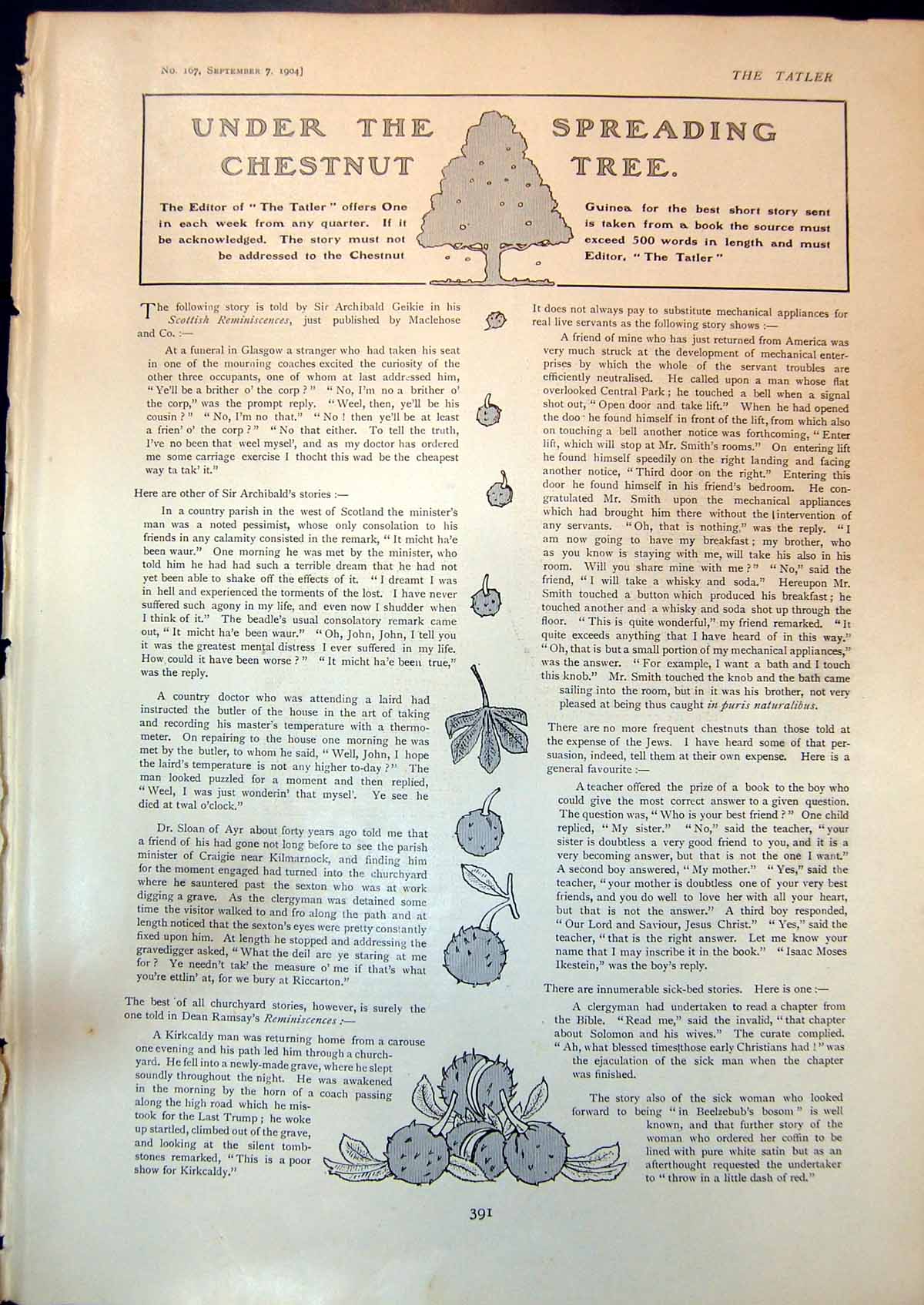 Antique Old Print Under Spreading Chestnut Tree Short Story Competition 1904