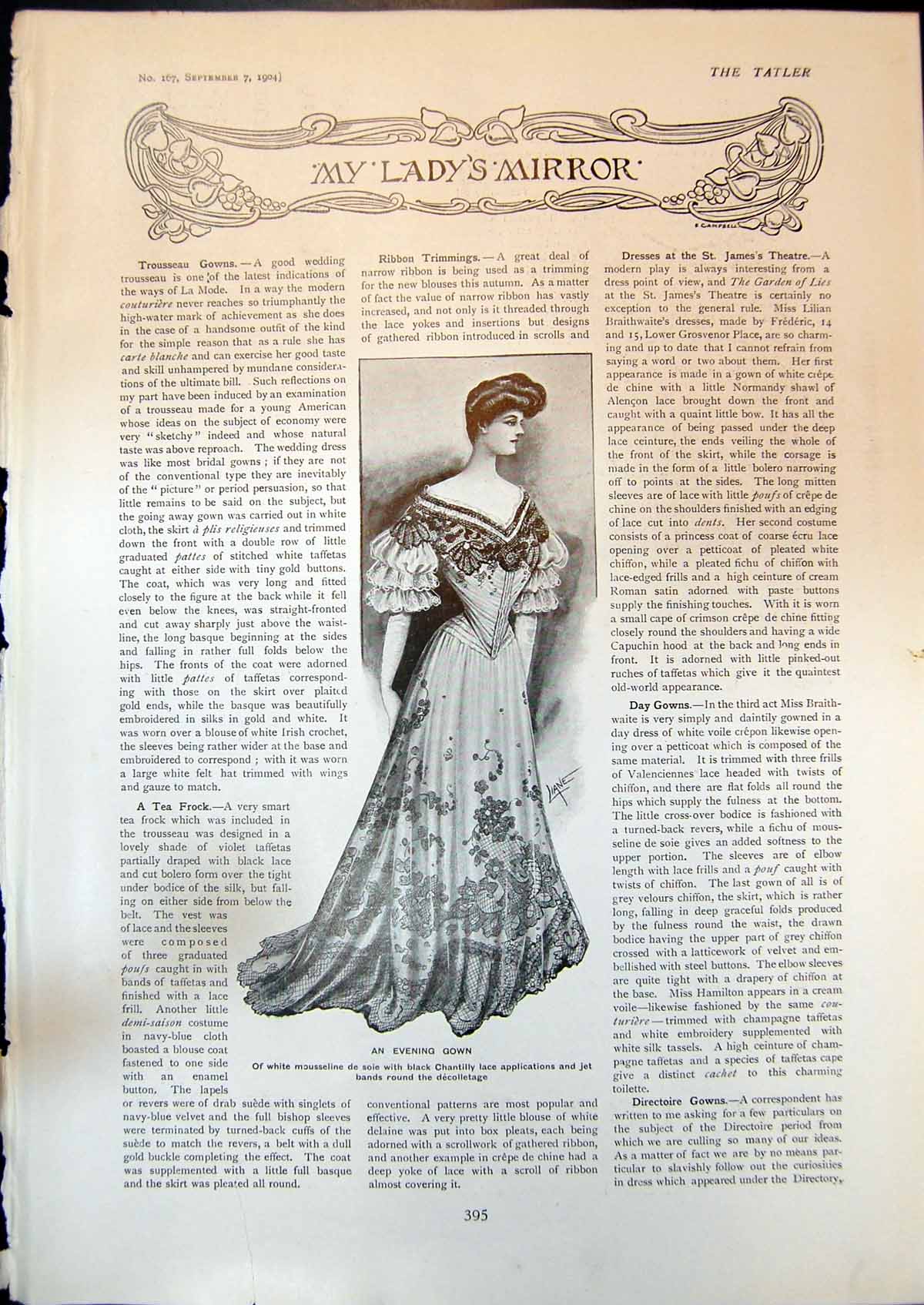 Old Print Evening Gown Chantilly Lace Autumn Gown Seasonable Blouse 1904 20th