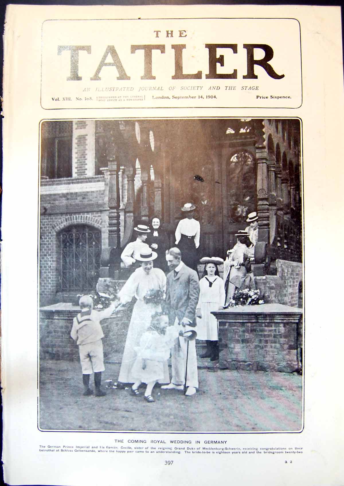 Old Print German Prince Imperial Fiancee Cecille Schloss Gelbensande 1904 20th