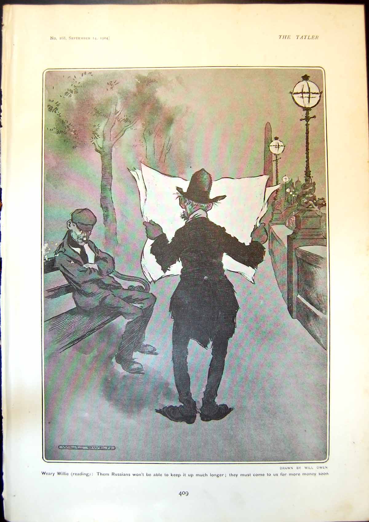 Old Print Humour Will Owen Weary Willie Reading Russians Short Money 1904 20th
