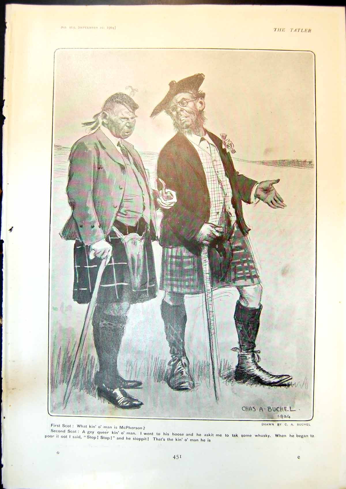 Antique Print Two Scotsmen Chas Buchel Harvard Window Emanuel College 1904 20th