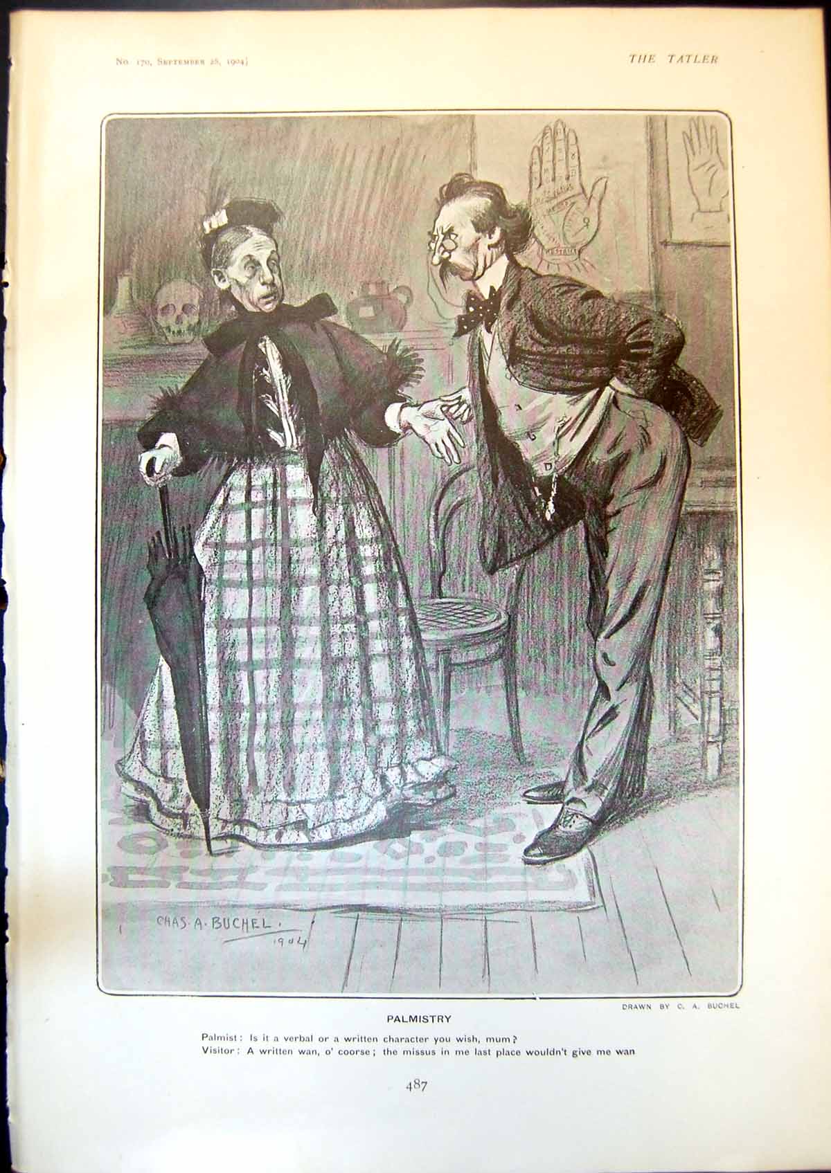 Antique Old Print Humour Chas Buchel Palmist Visitor Written Character 1904