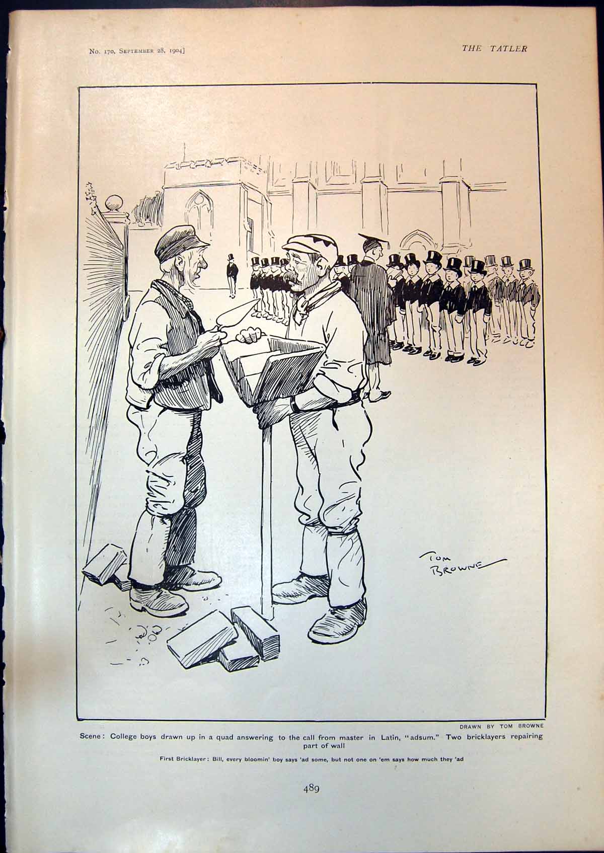 Antique Old Print Humour Tom Browne College Boys Bricklayers Mr Downy 1904 20th