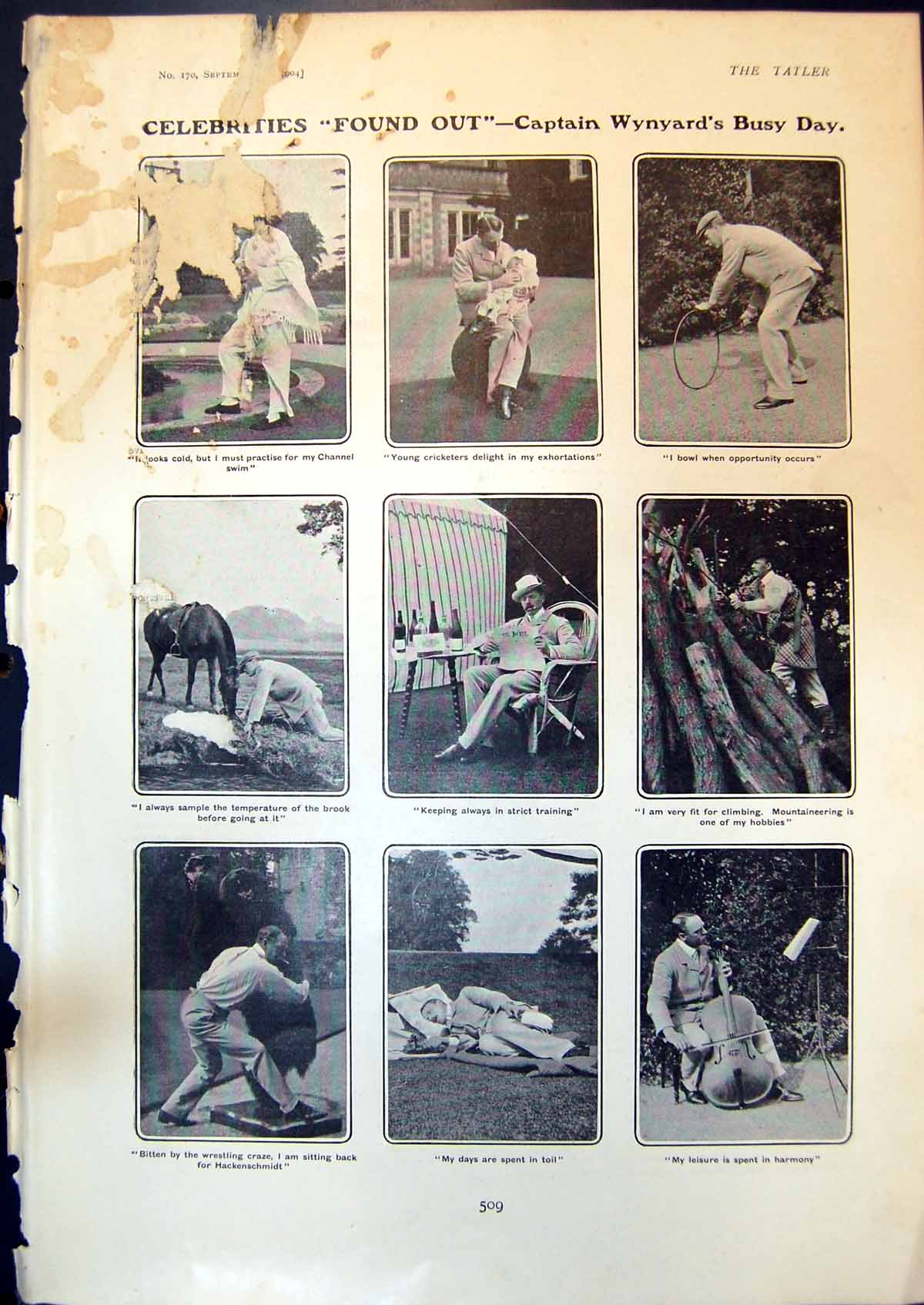 Antique Print Captain Wynards Busy Day Channel Swim Climbing Wrestling 1904