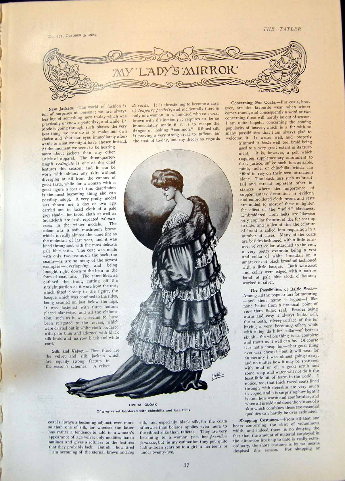 Antique Print Opera Cloak Grey Velvet Afternoon Gown Cloth Lace Sable 1904 20th