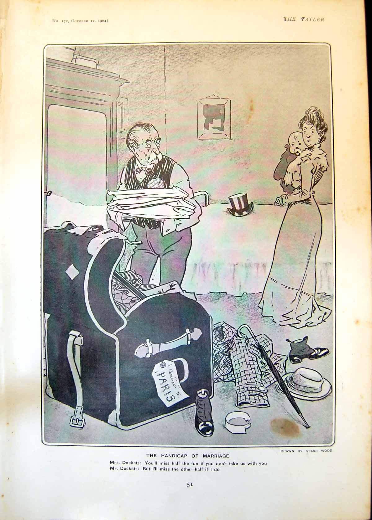 Old Print Handicap Marriage Starr Wood Mr Mrs Dockett Packing Trunk 1904 20th