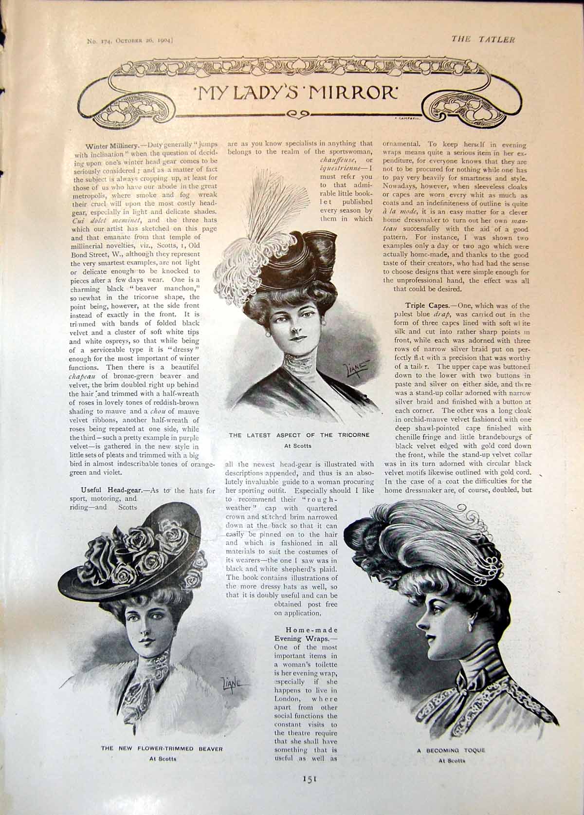 Old Print Hats Scotts Toque Tricorne Flower Trimmed Beaver Fur Coats 1904 20th