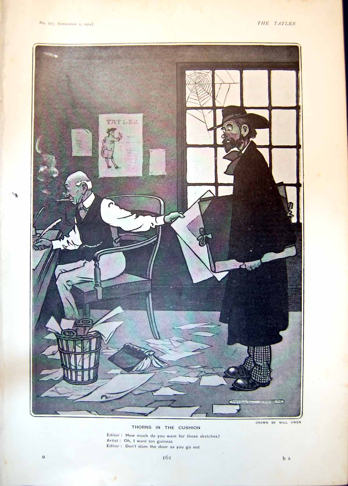 Antique Old Print Humour Will Owen Thorns Cushion Editor Artist Sketches 1904