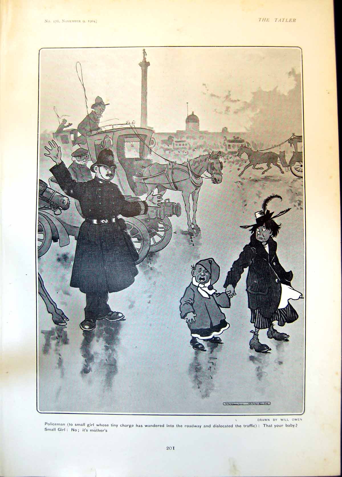 Original Old Antique Print Humour Will Owen Policeman Small Girl Baby Road 1904