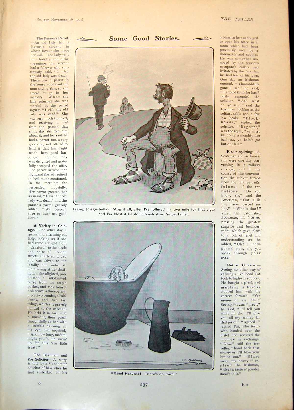 Old Print Humour Tramp Followed Man For Cigar Bath No Towel Gateman 1904 20th