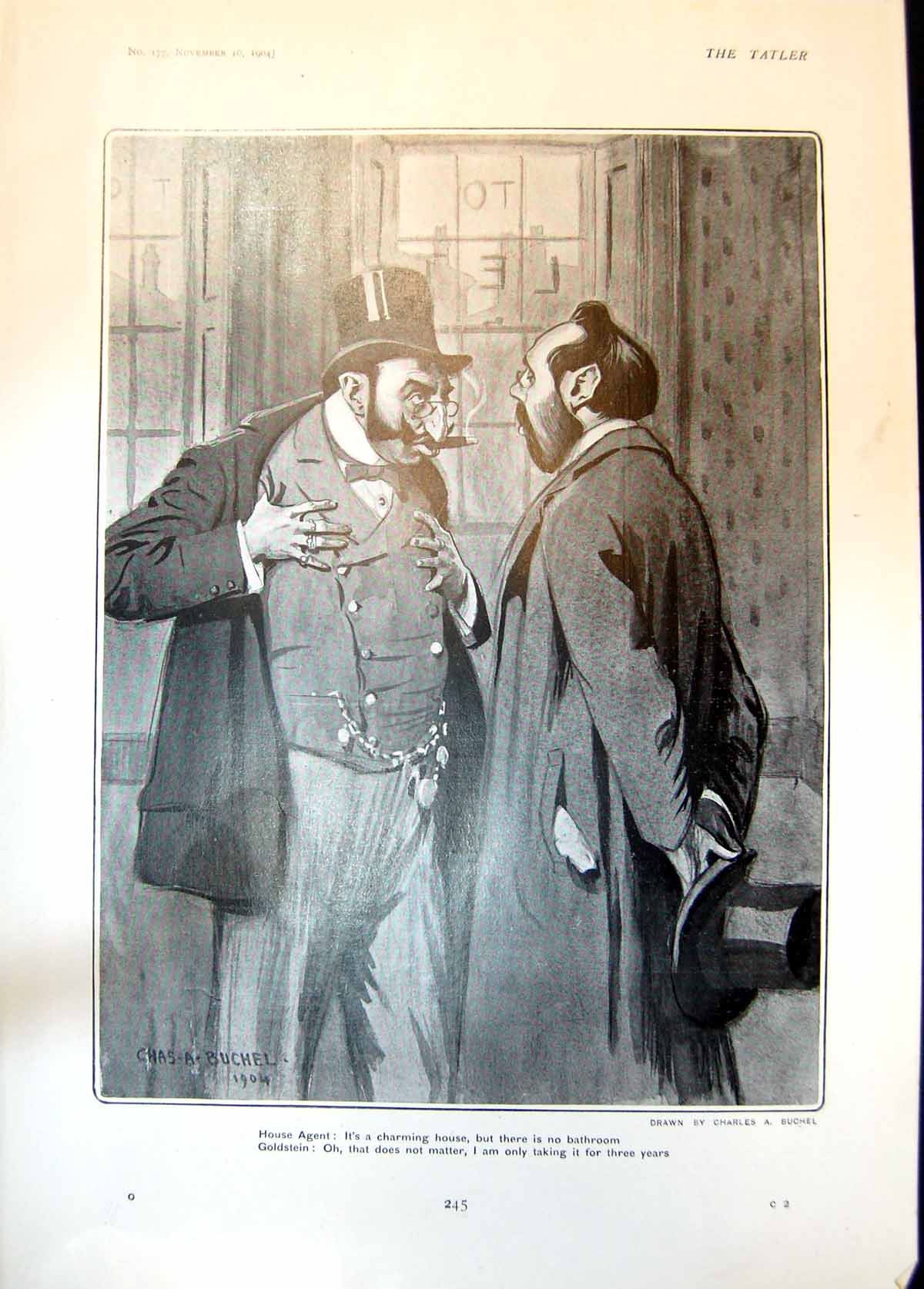 Antique Old Print Humour Charles Buchel House Agent Gstein Mrs Waterlow 1904