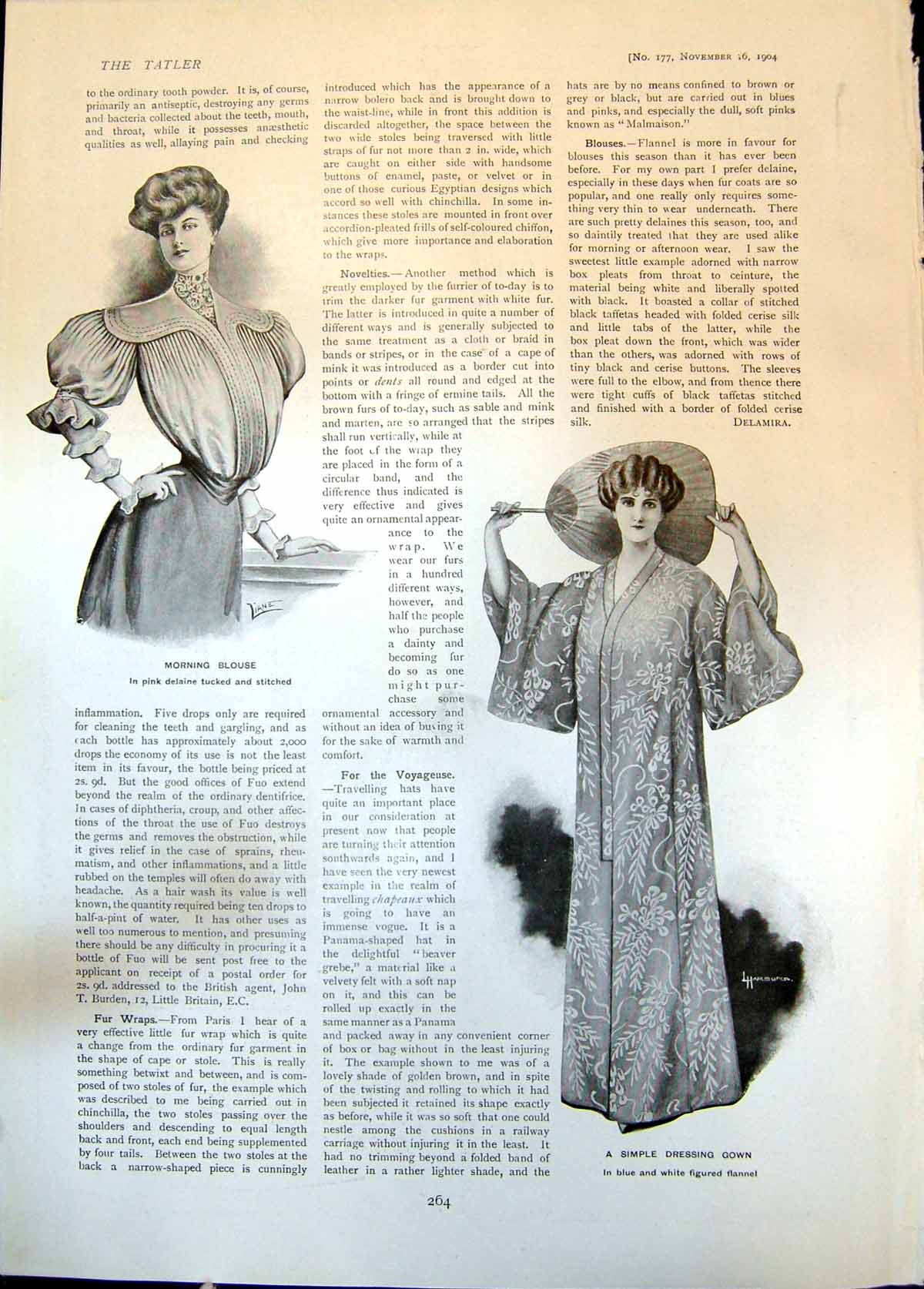 Old Antique Print Morning Blouse Simple Dressing Gown Afternoon Gown 1904 20th