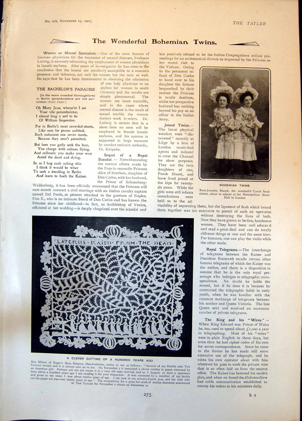 Old Clever Cutting Paper Bohemian Twins Czeck Sisters Music Hall 1904 20th