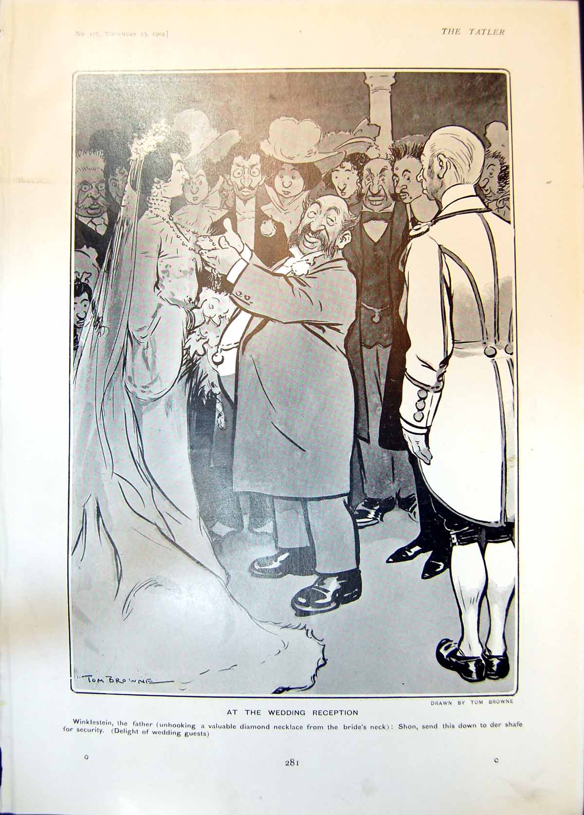 Antique Print Wedding Reception Tom Browne Kittens Basket Boots Camera 1904