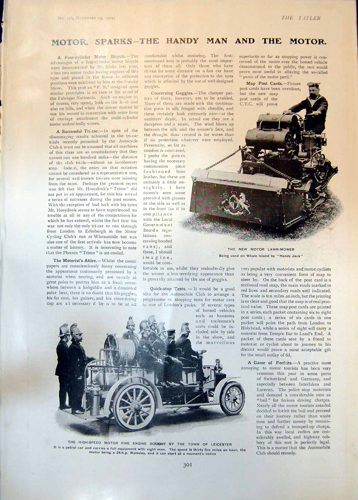 Old Print Motor Lawn-Mower Motor Fire Engine Leicester Robe De Ville 1904 20th