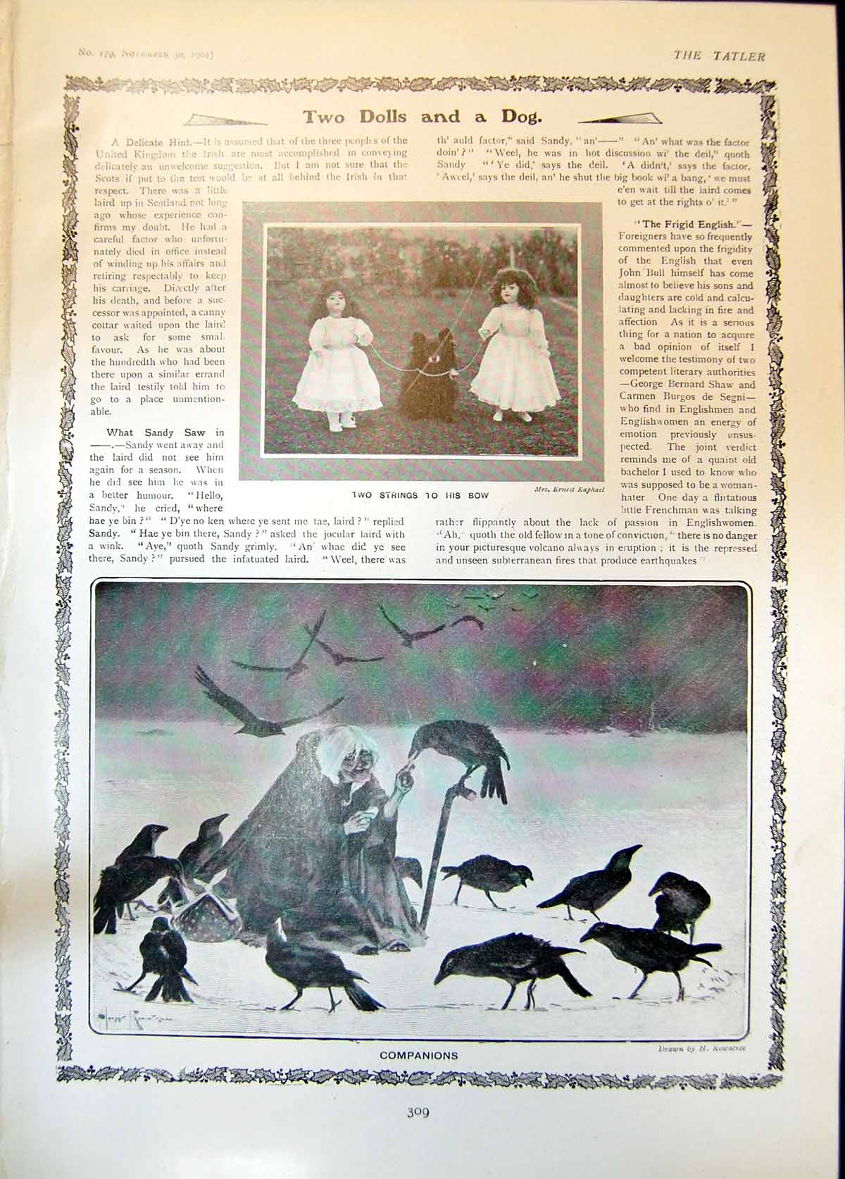 Antique Print Two Dolls Dog Companions H Rowntree Man Birds Letter Santa190