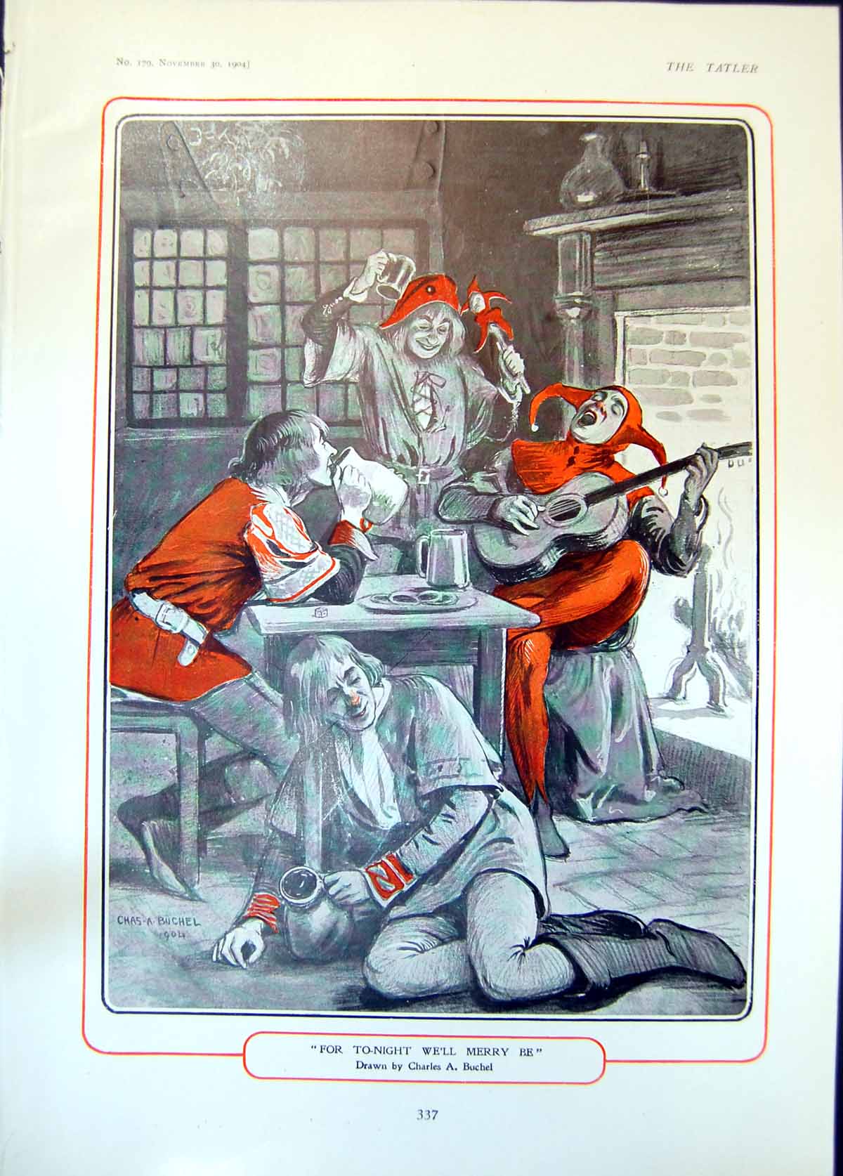Antique Old Print Tonight We'Ll Merry Be Charles Buchel Pierrots Song 1904 20th