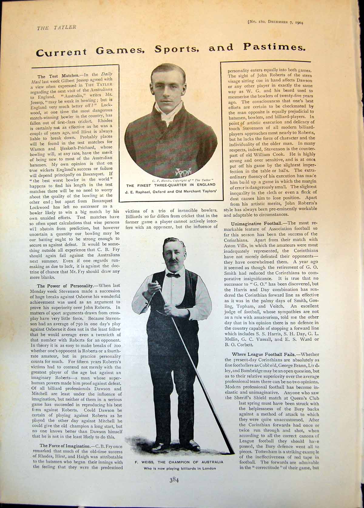 Old J Raphael Three Quarter F Weiss Billiard Champion Australia 1904 20th
