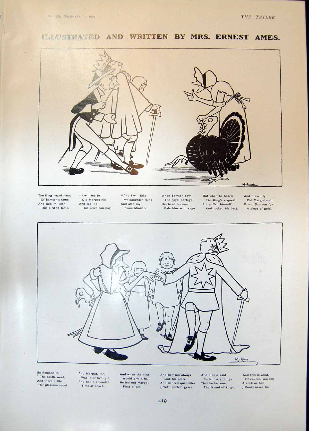 Original Old Antique Print Humour Mrs Ernest Ames King Samson Margot 1904 20th