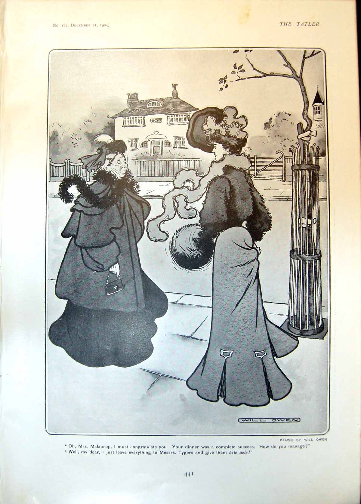 Antique Old Print Humour Will Owen Mrs Malaprop Dinner Poacher Rabbit 1904 20th