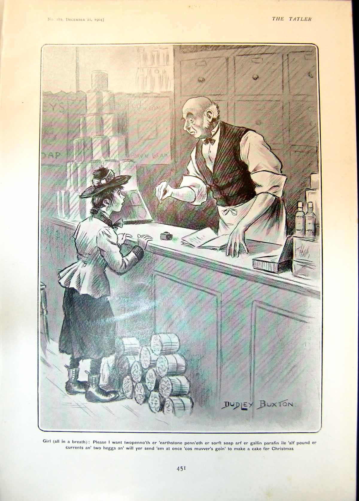 Old Print Humour Dudley Buxton Girl Shop Veronica Brady Mabel Garden 1904 20th